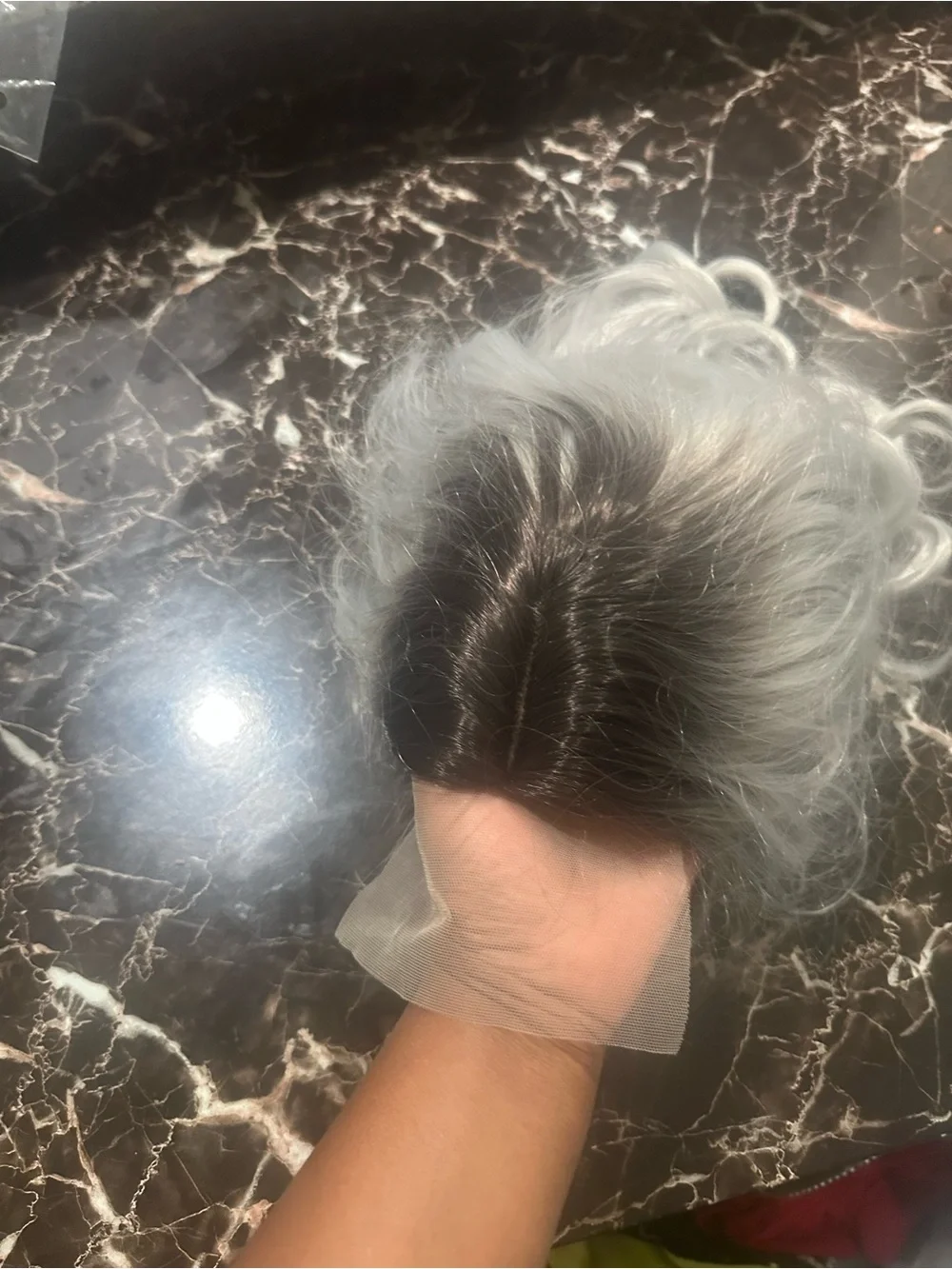 Silver Gray Lace Front Wig Topper with Dark Root